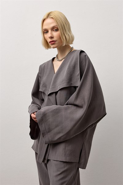 Gri Kimono Form Hafif Dökümlü Takım