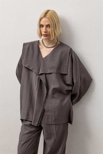 Gri Kimono Form Hafif Dökümlü Takım