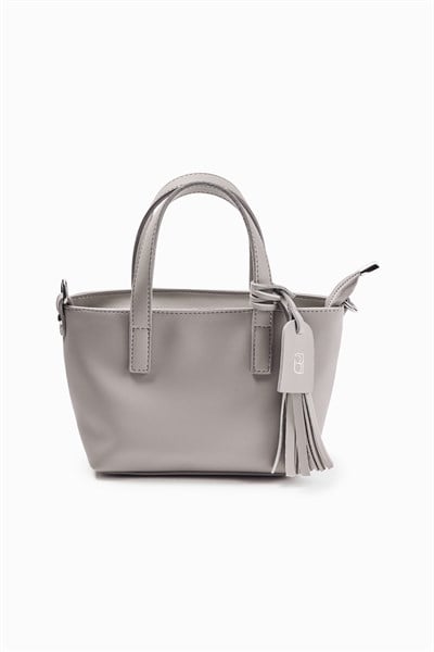 Gri Püskül Detaylı Mini Tote Çanta