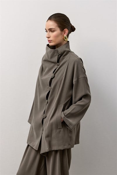 Haki Kaplama Düğmeli Salaş Ceket