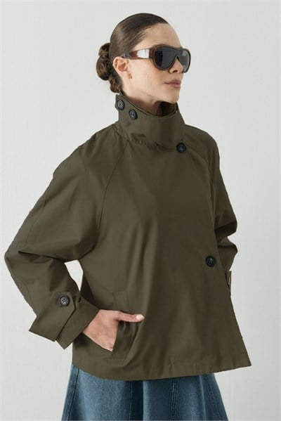 Haki Kutu Form Crop Gabardin Trenç