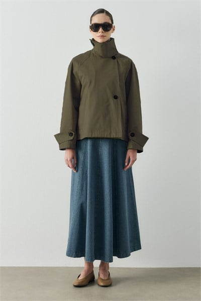 Haki Kutu Form Crop Gabardin Trenç