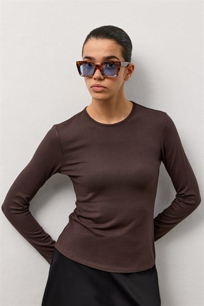 Kahverengi Basic Uzun Kollu Bisiklet Yaka Body