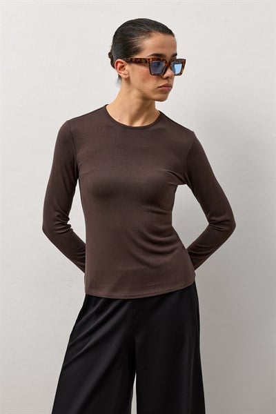 Kahverengi Basic Uzun Kollu Bisiklet Yaka Body