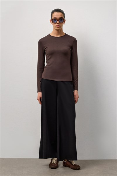 Kahverengi Basic Uzun Kollu Bisiklet Yaka Body