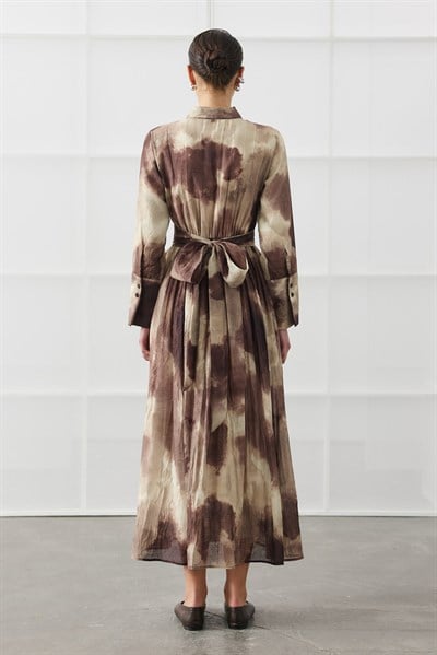 Kahverengi Batik Desen Maxi Elbise