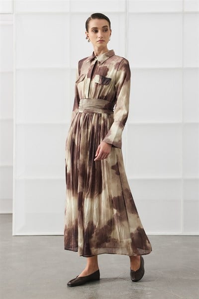 Kahverengi Batik Desen Maxi Elbise