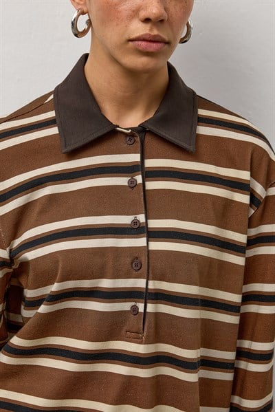 Kahverengi Çizgili Polo Yaka T-Shirt