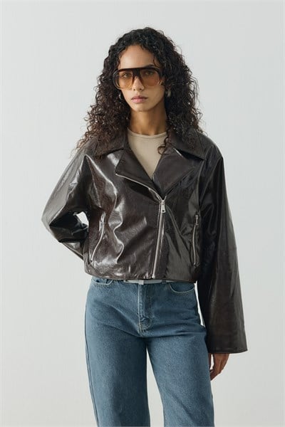 Kahverengi Crop Biker Deri Ceket