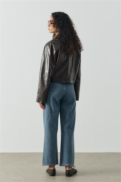 Kahverengi Crop Biker Deri Ceket