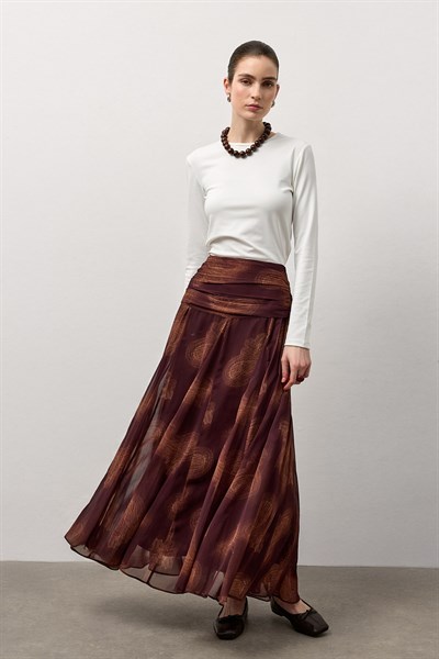 Kahverengi Drapeli Desenli Etek