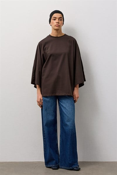 Kahverengi Geniş Kollu Uzun Basic T-Shirt