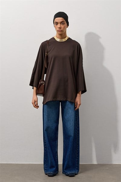 Kahverengi Geniş Kollu Uzun Basic T-Shirt