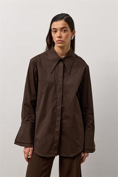 Kahverengi Çift Manşetli Regular Gömlek