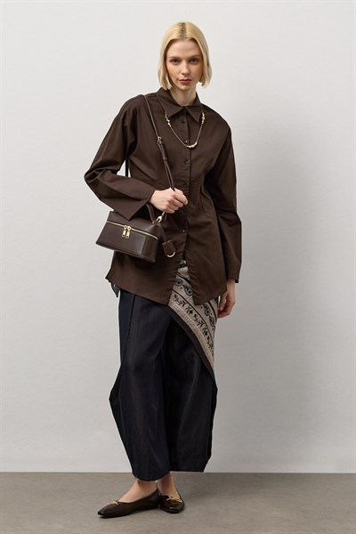 Kahverengi Pensli Fitted Poplin Gömlek