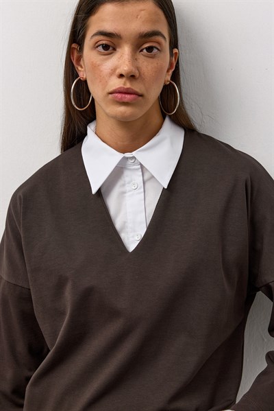 Kahverengi V Yaka Uzun Kollu Basic T-Shirt