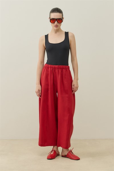 Kırmızı Barrel Fit Keten Pantolon