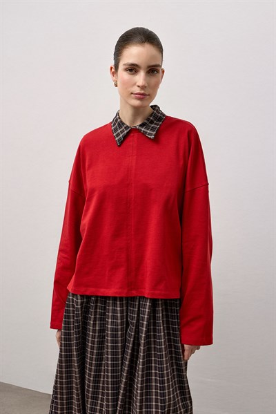 Kırmızı Dikiş Detaylı Bisiklet Yaka Basic T-Shirt