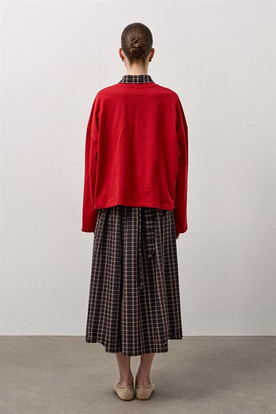 Kırmızı Dikiş Detaylı Bisiklet Yaka Basic T-Shirt