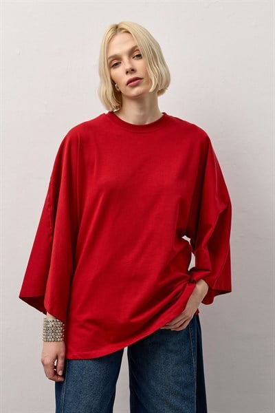 Kırmızı Geniş Kollu Uzun Basic T-Shirt