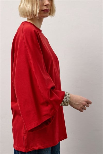 Kırmızı Geniş Kollu Uzun Basic T-Shirt