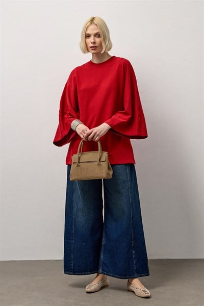 Kırmızı Geniş Kollu Uzun Basic T-Shirt