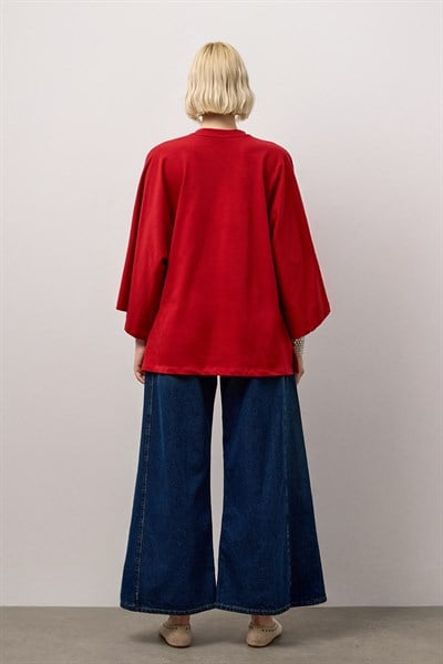 Kırmızı Geniş Kollu Uzun Basic T-Shirt