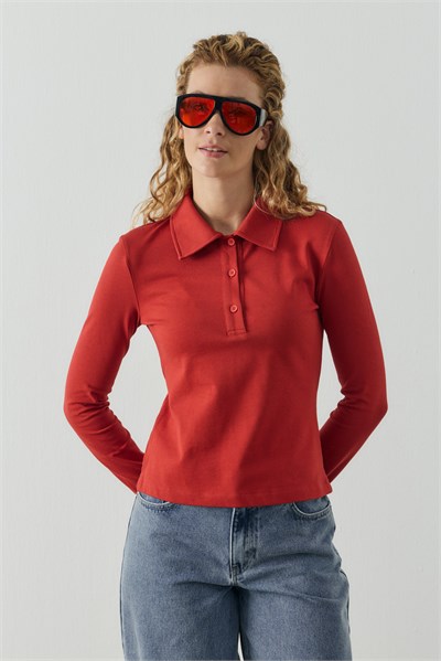 Kırmızı Polo Yaka Uzun Kollu T-shirt