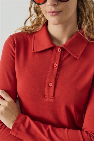 Kırmızı Polo Yaka Uzun Kollu T-shirt