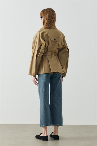 Koyu Camel Maksi Cep Detaylı Gabardin Ceket