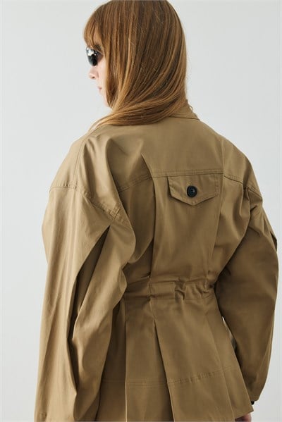 Koyu Camel Maksi Cep Detaylı Gabardin Ceket