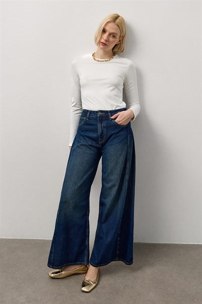 Koyu Mavi Yüksek Bel Wide Leg Jean