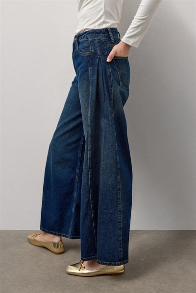 Koyu Mavi Yüksek Bel Wide Leg Jean