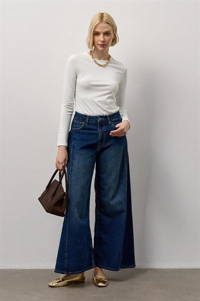 Koyu Mavi Yüksek Bel Wide Leg Jean