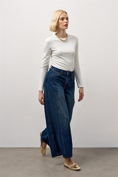 Koyu Mavi Yüksek Bel Wide Leg Jean