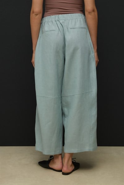 Koyu Mint Kesik Detaylı Crop Barrel Keten Pantolon