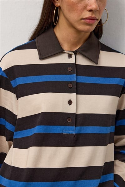 Krem Çizgili Polo Yaka T-Shirt