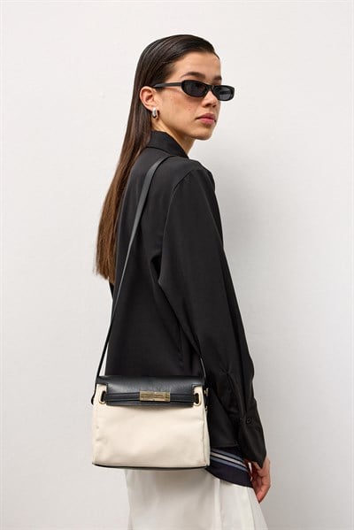 Krem Kanvas Deri Çapraz Çanta