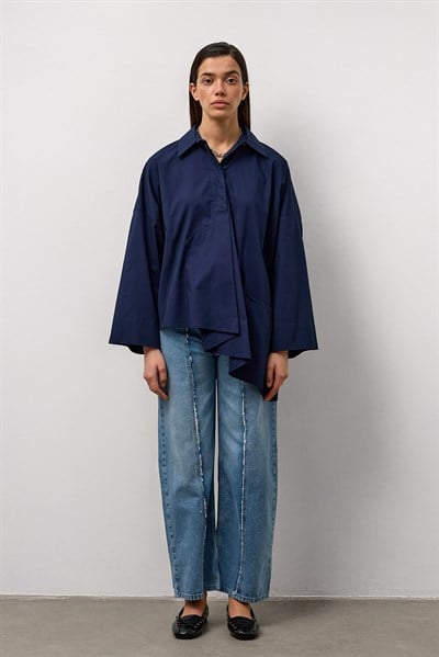 Lacivert Asimetrik Oversize Gömlek