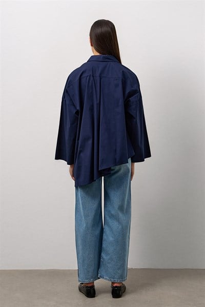 Lacivert Asimetrik Oversize Gömlek