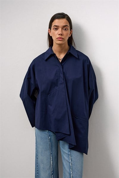 Lacivert Asimetrik Oversize Gömlek