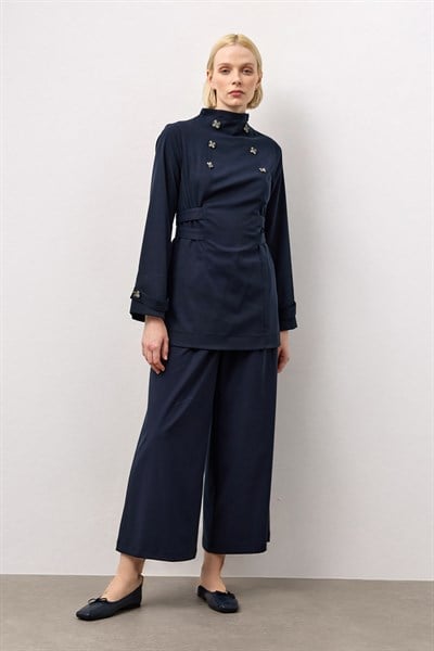 Lacivert Belden Bağlamalı Kruvaze Düğmeli Gömlek