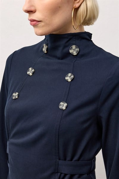 Lacivert Belden Bağlamalı Kruvaze Düğmeli Gömlek