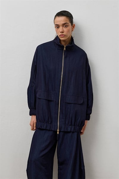 Lacivert Çift Fermuarlı Dik Yaka Bomber Ceket