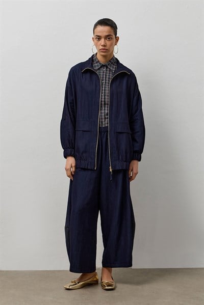 Lacivert Çift Fermuarlı Dik Yaka Bomber Ceket