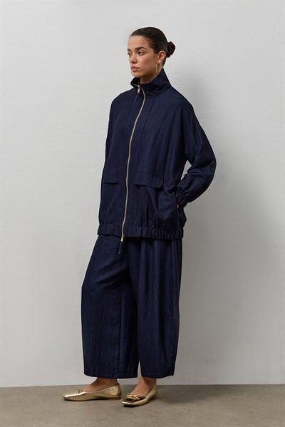 Lacivert Çift Fermuarlı Dik Yaka Bomber Ceket