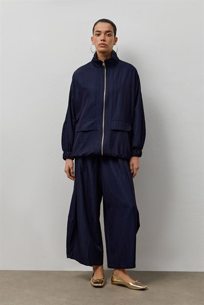 Lacivert Çift Fermuarlı Dik Yaka Bomber Ceket
