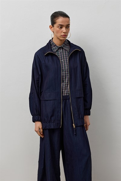 Lacivert Çift Fermuarlı Dik Yaka Bomber Ceket