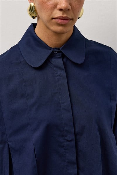 Lacivert Geniş Manşetli Pileli A Form Gömlek