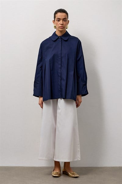 Lacivert Geniş Manşetli Pileli A Form Gömlek